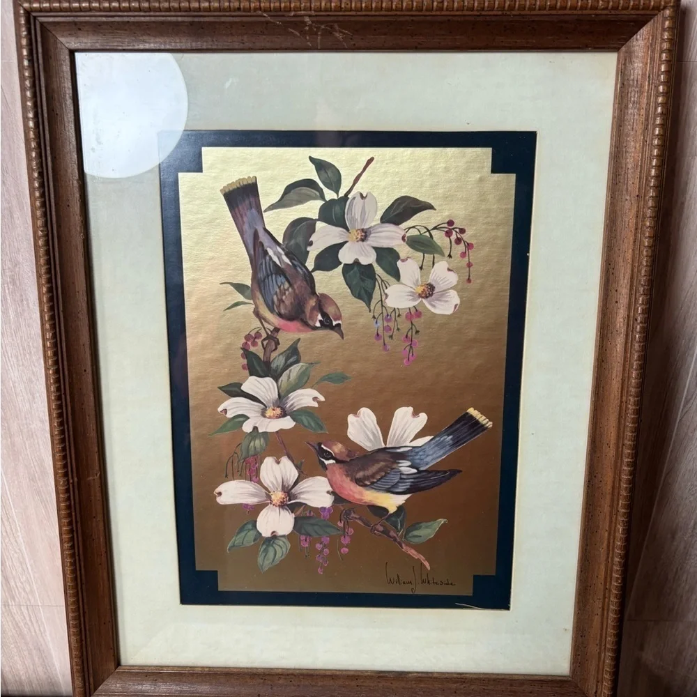 Vintage Birds on Dogwood Wall Art Brown Frame William Whiteside
